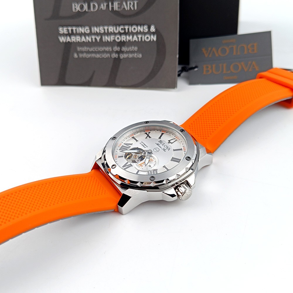 Bulova Marine Star 98A226 Silver Dial Orange Rubber Strap Automatic Men’s Watch