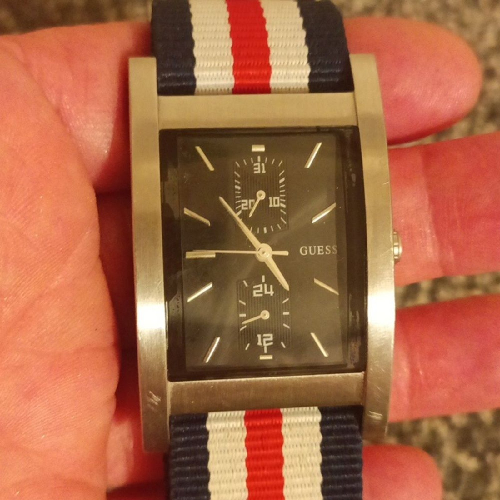 Guess Vintage red white blue nylon strap silver tone quare dial men’s wa…