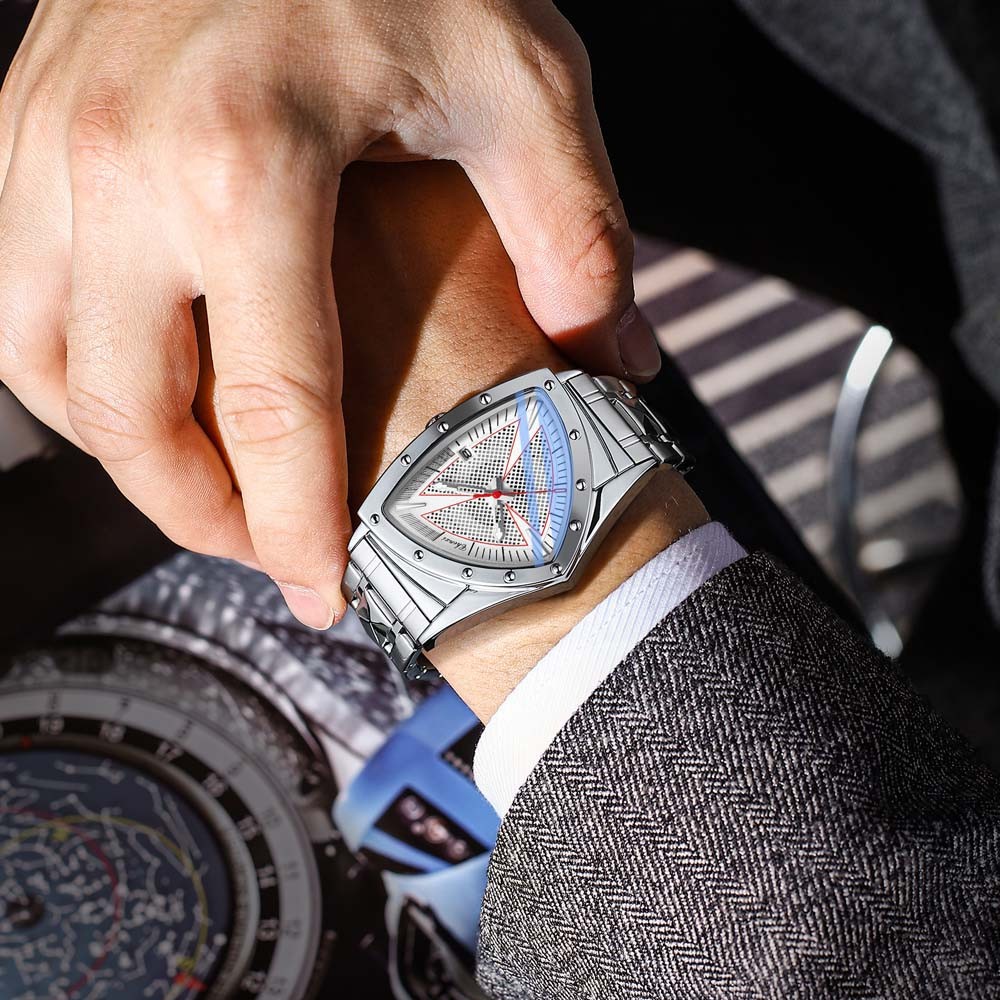 CHENXI Men Quartz Watch Triangle Silver Steel Watch for Male Business Wristwatch