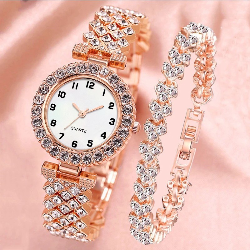 2pcs and 1pcs Elegant Crystal Watch Stainless Steel Fashion Simple Luxury Full C