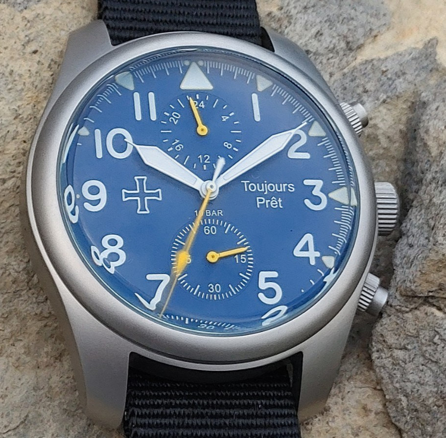 Toujours Pret GMT military field watch. Blasted stainless steel – Blue