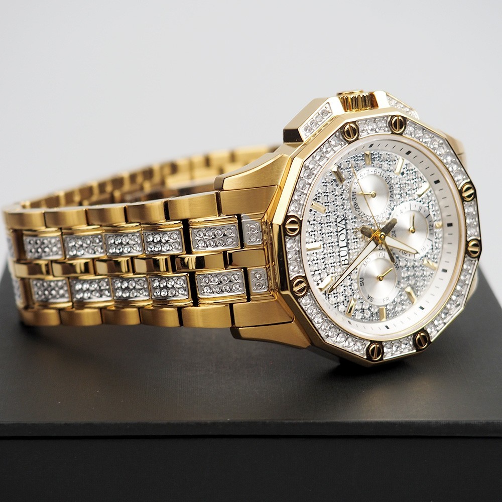 Men’s Bulova Octava Crystal Gemmed Dial Gold Stainless Steel Quartz Watch 98C126