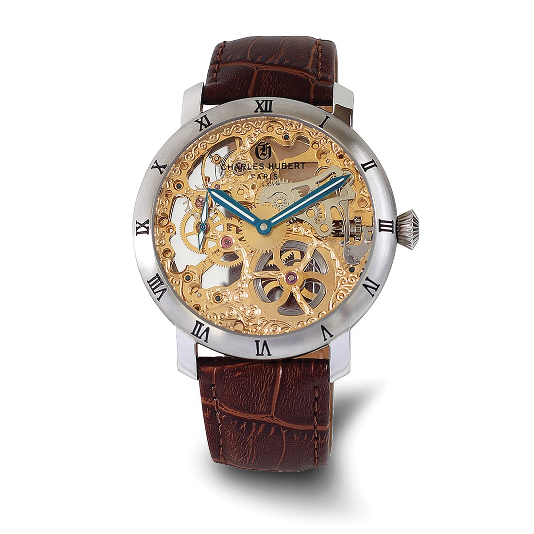 Charles Hubert 44mm Mens Brown Leather Skeleton Dial Stainless Mechanical Watch