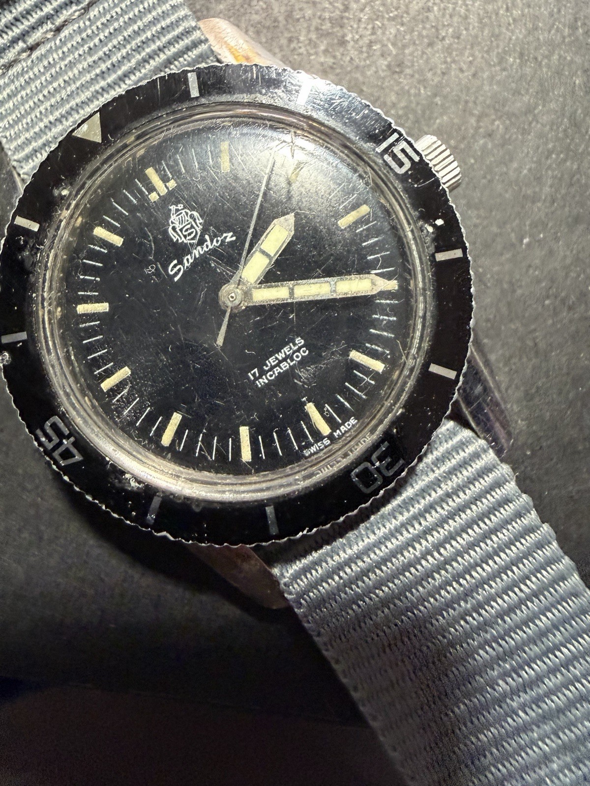 60’s Henry Sandoz &Fils Submariner Bathyscaphe MK1 Black for Military Use Rare.