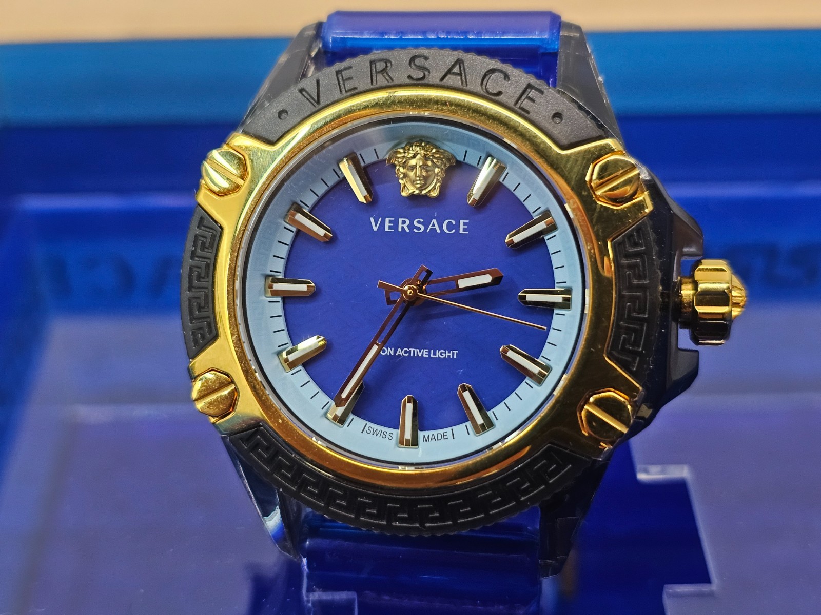 Versace Icon Active Indiglo Quartz Watch, Polycarbonate, Blue 43mm, VE6E00323