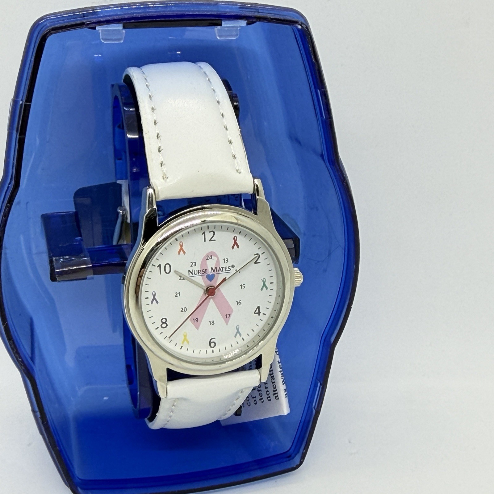 Nurse Mates ribbons Awareness nurse watch Leather strap – White