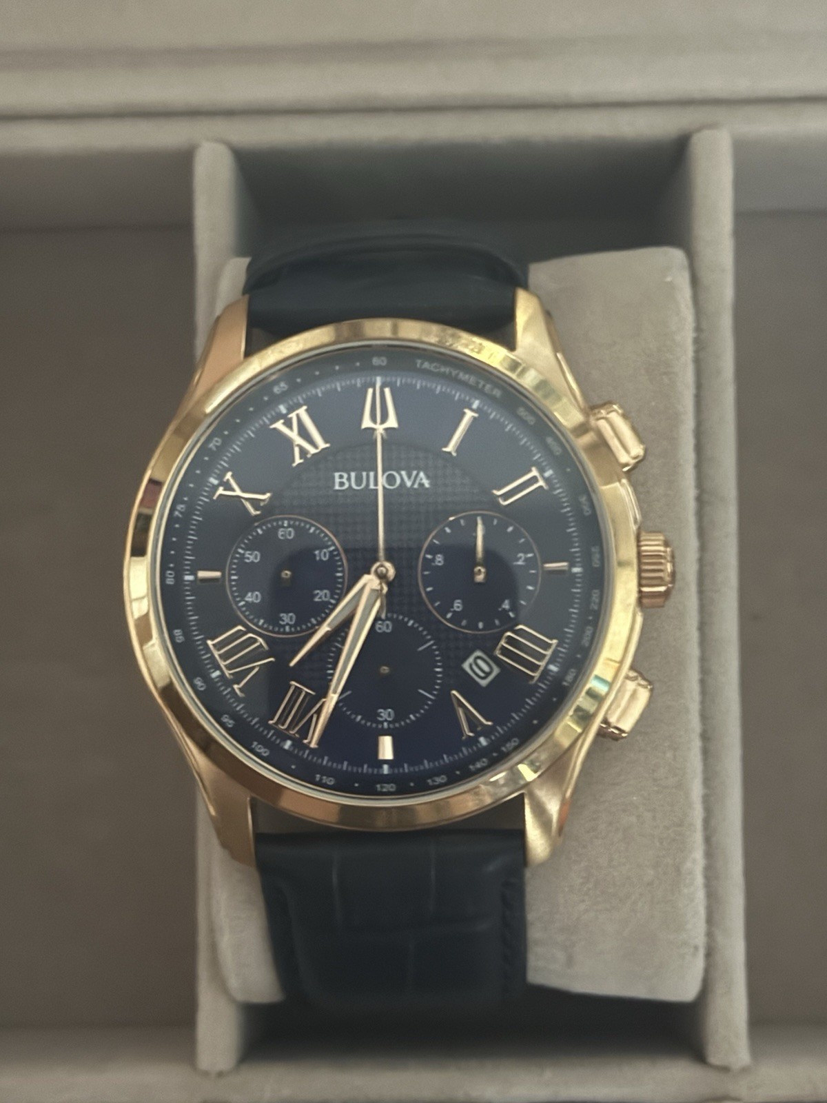 Bulova Men’s Classic Wilton Chronograph Blue Dial Leather Strap Watch 97B170