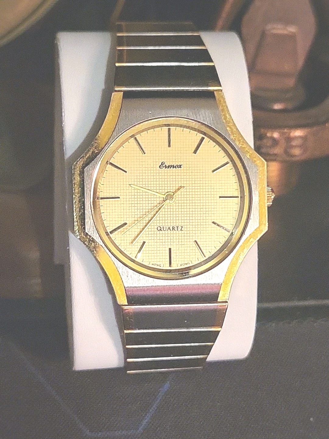 Ermex Watch 1986 NOS Gold Toned Circular Square Brushed Silver Works Mint Aristo