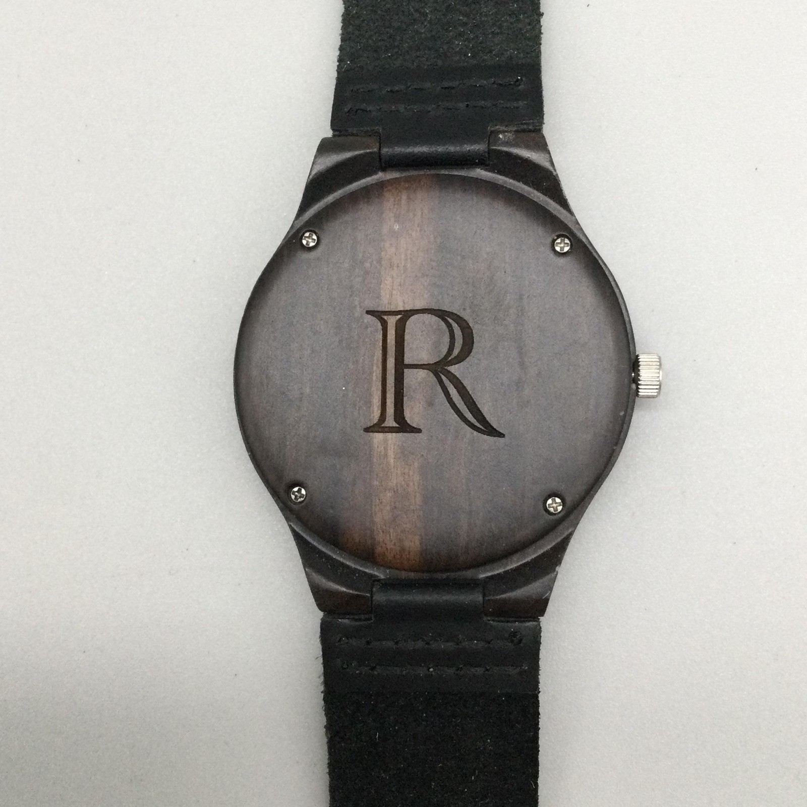 Mens Watch 45mm Dark Brown Stained Wood Case Brown Dial Black Leather Band
