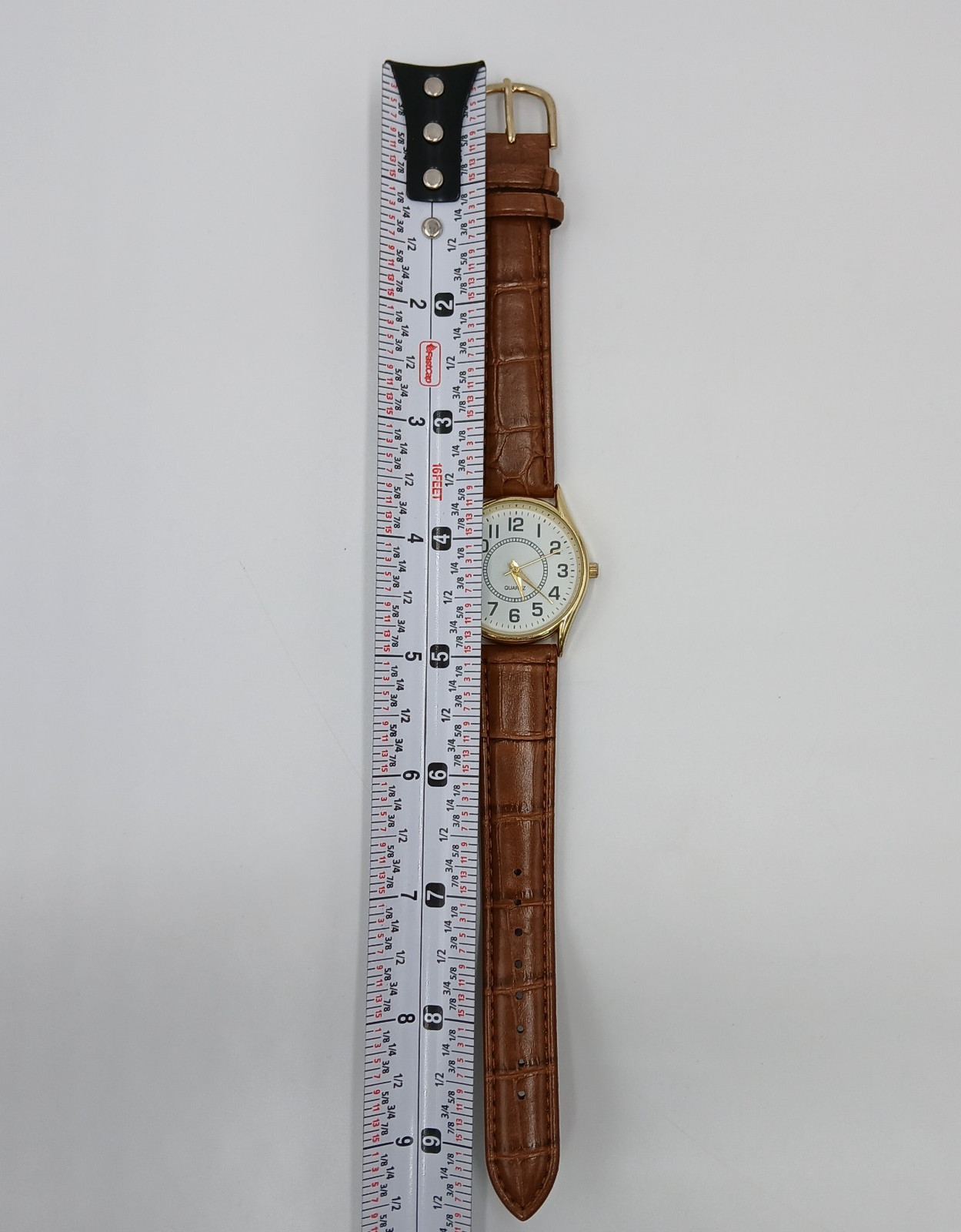 Quartz Watch Unisex Gold Tone Brown Faux Croc Skin upto 8.5in Seconds Hand Japan