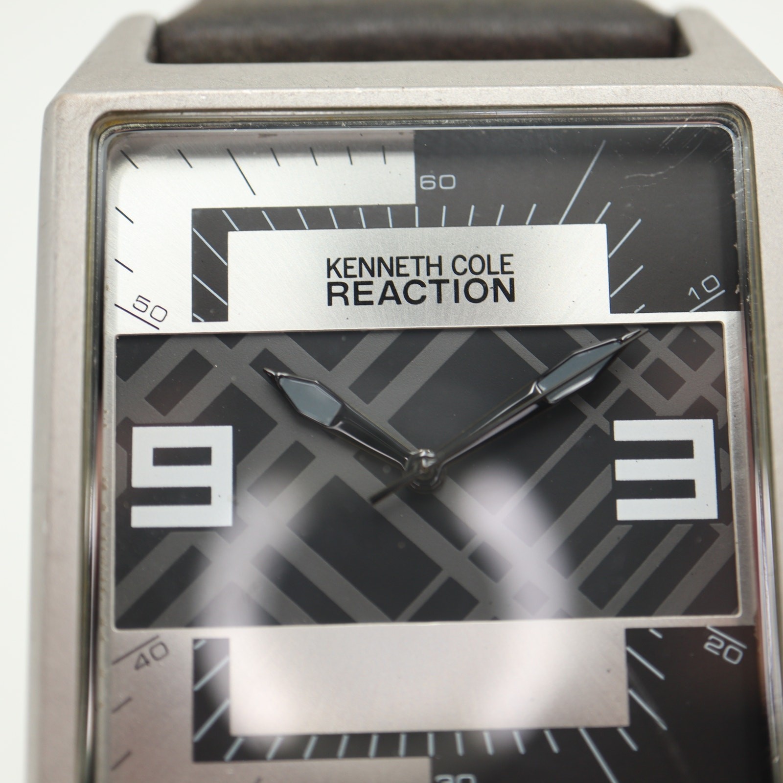 Kenneth Cole Reaction Mens 41mm Square Geometric Watch Black Leather New Battery