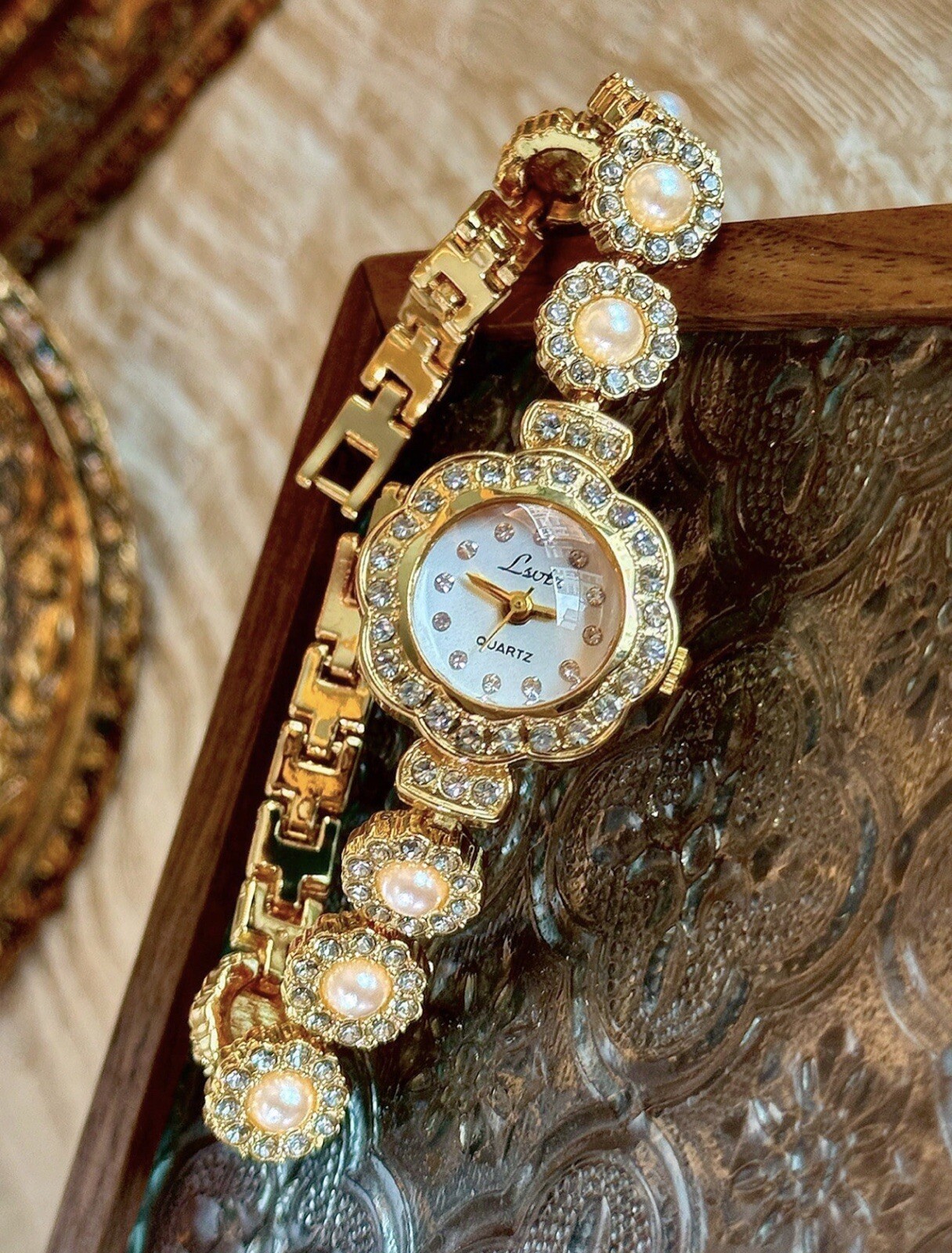 Gold French Vintage Style Unique Dainty Women’s Wrist Watch Camellia Design