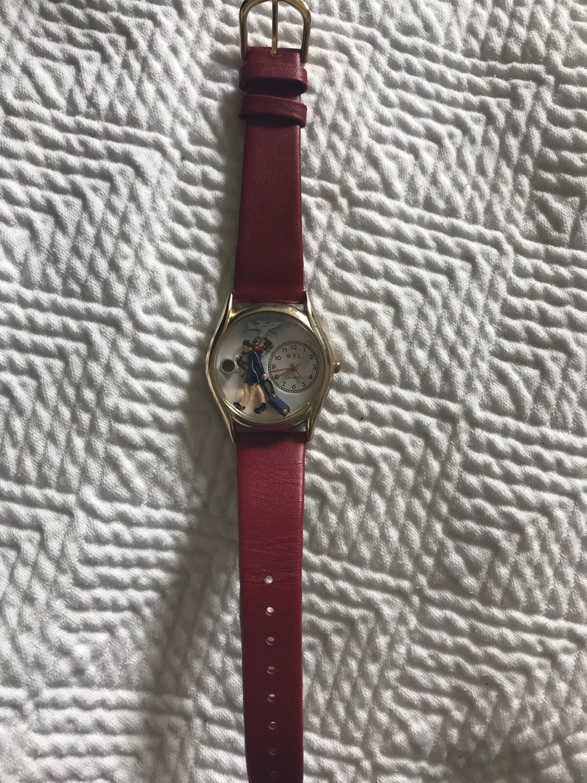 Women’s flight attendant watch red leather band stainless steel back