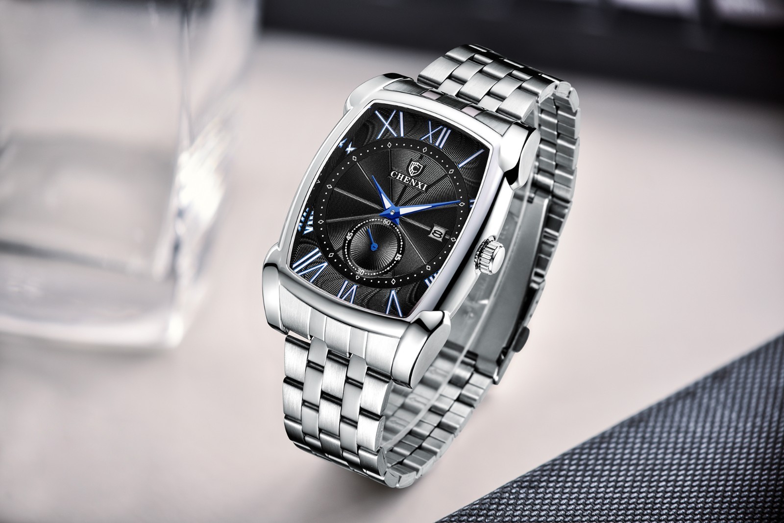 CHENXI Men’s Stainless Steel Rectangle Luminous Business Calendar Quartz Watch