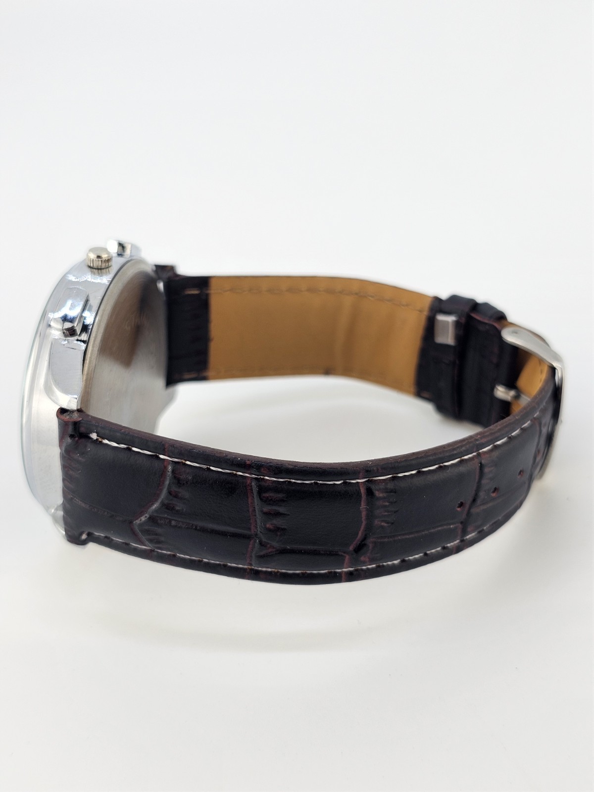 Men’s Analog Watch 45MM Brown Dial Dark Brown Faux Leather Bands New Battery