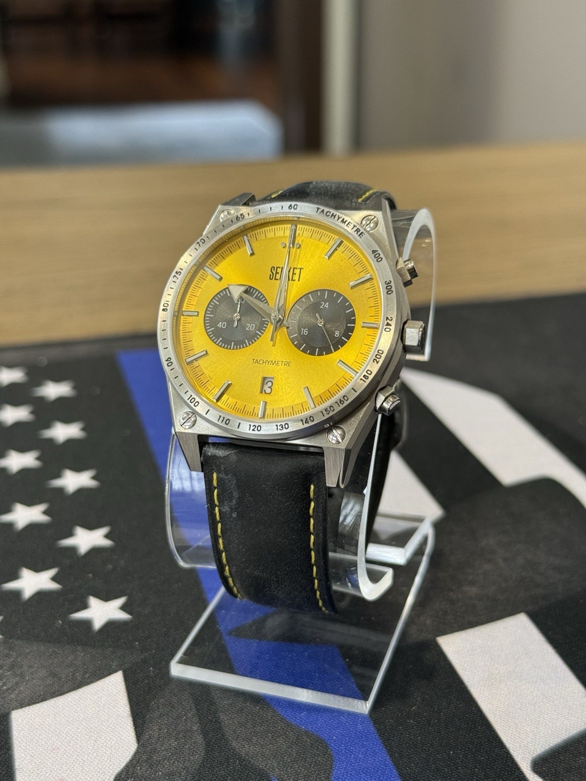 Serket Tachymetre Yellow Chronograph Watch 42.5mm Excellent Condition
