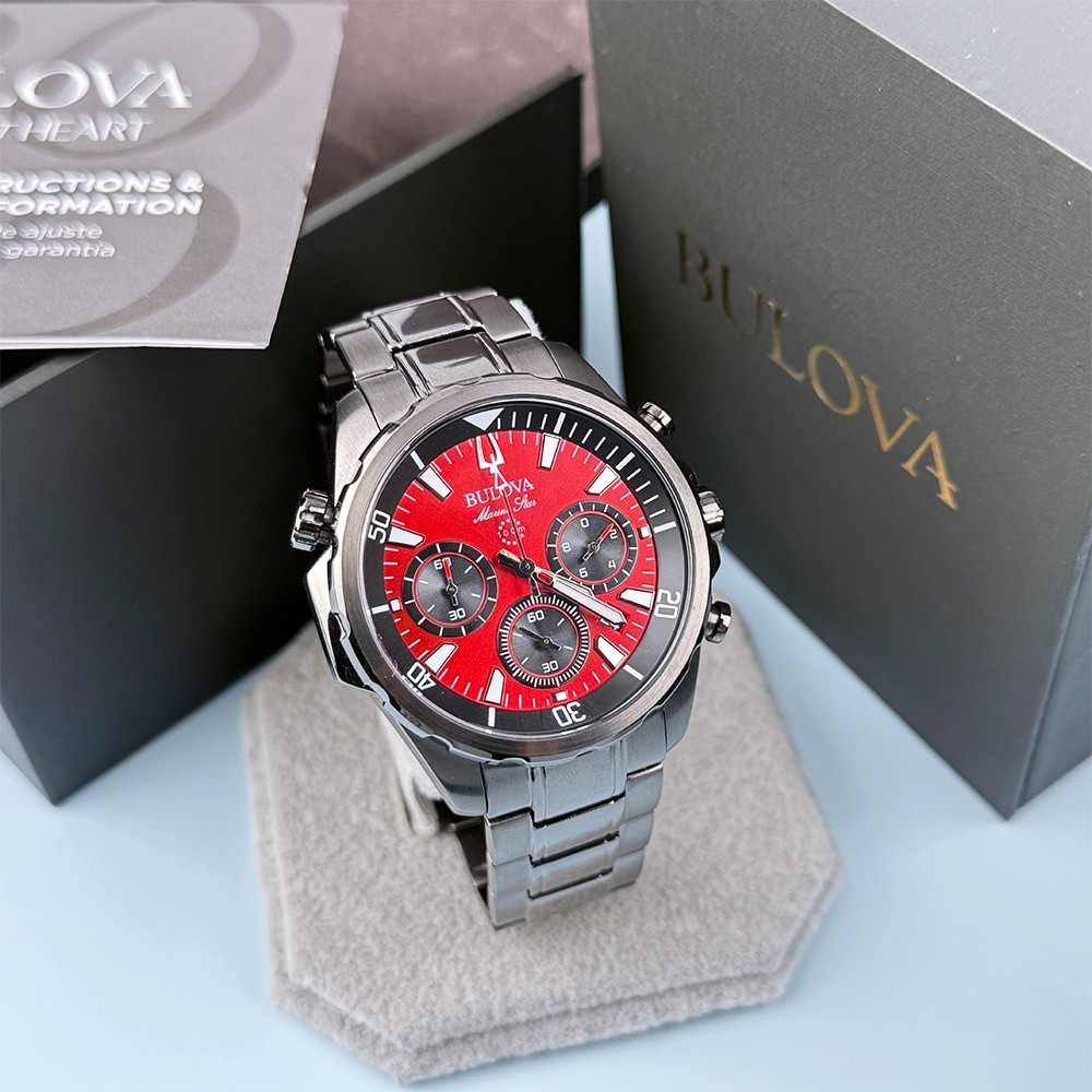 Men’s Bulova 98B350 Marine Star Chronograph Red Dial Quartz Watch 43mm