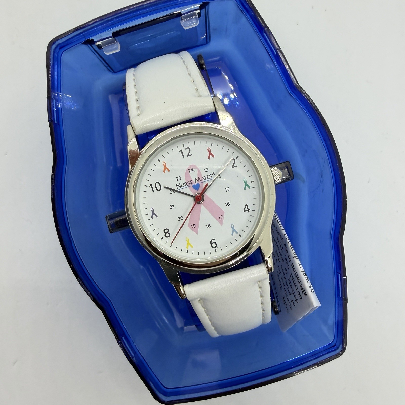 Nurse Mates ribbons Awareness nurse watch Leather strap – White