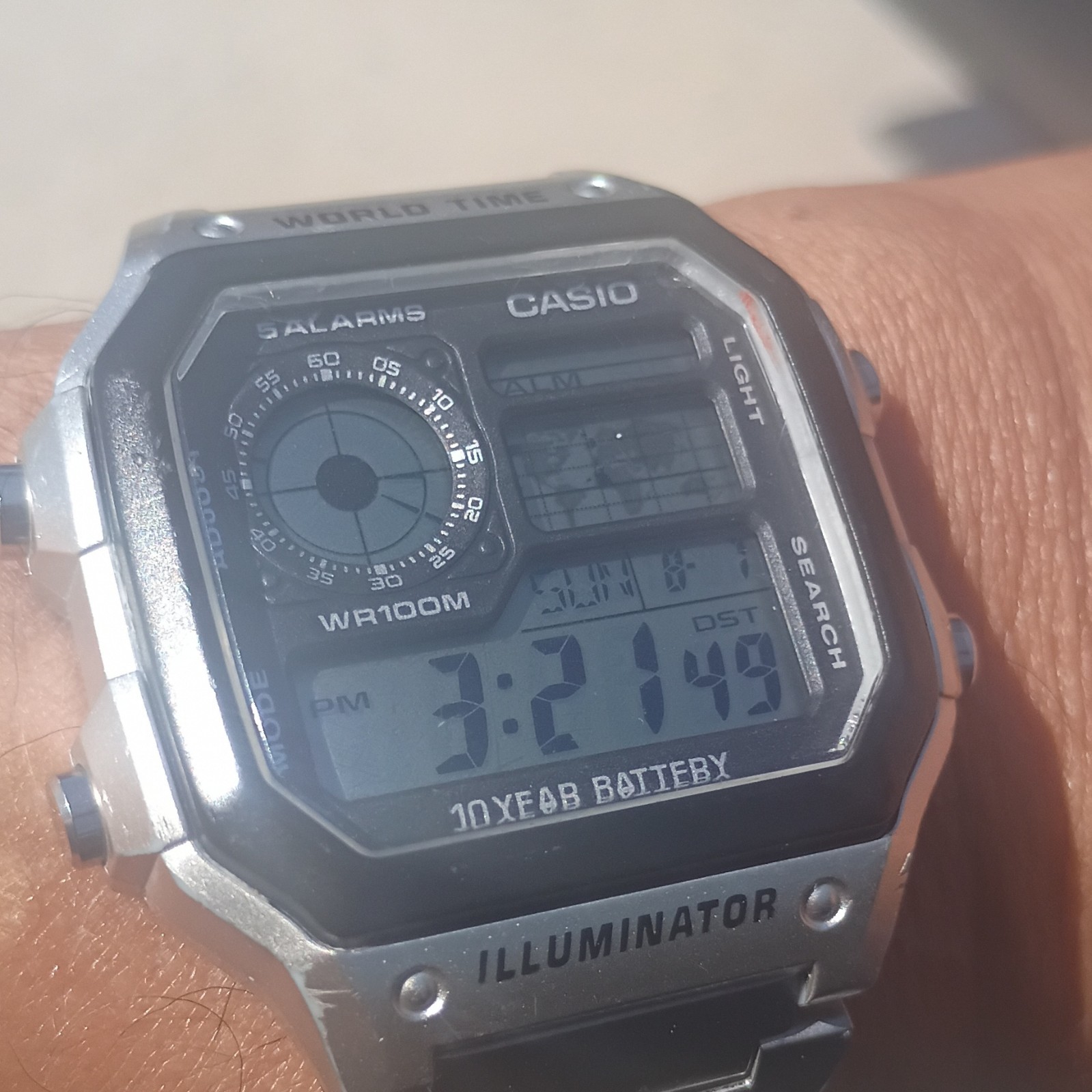 Casio Illuminator World Time Digital Watch WR100M Quartz 42mm Silver SS