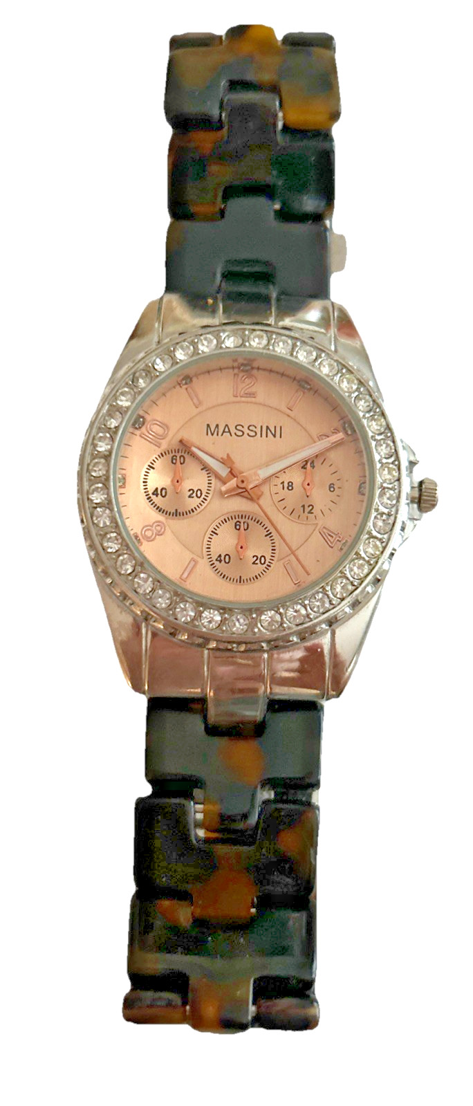 Massini Women’s 7.75” Silvertone Watch Rose gold Dial Faux New Battery