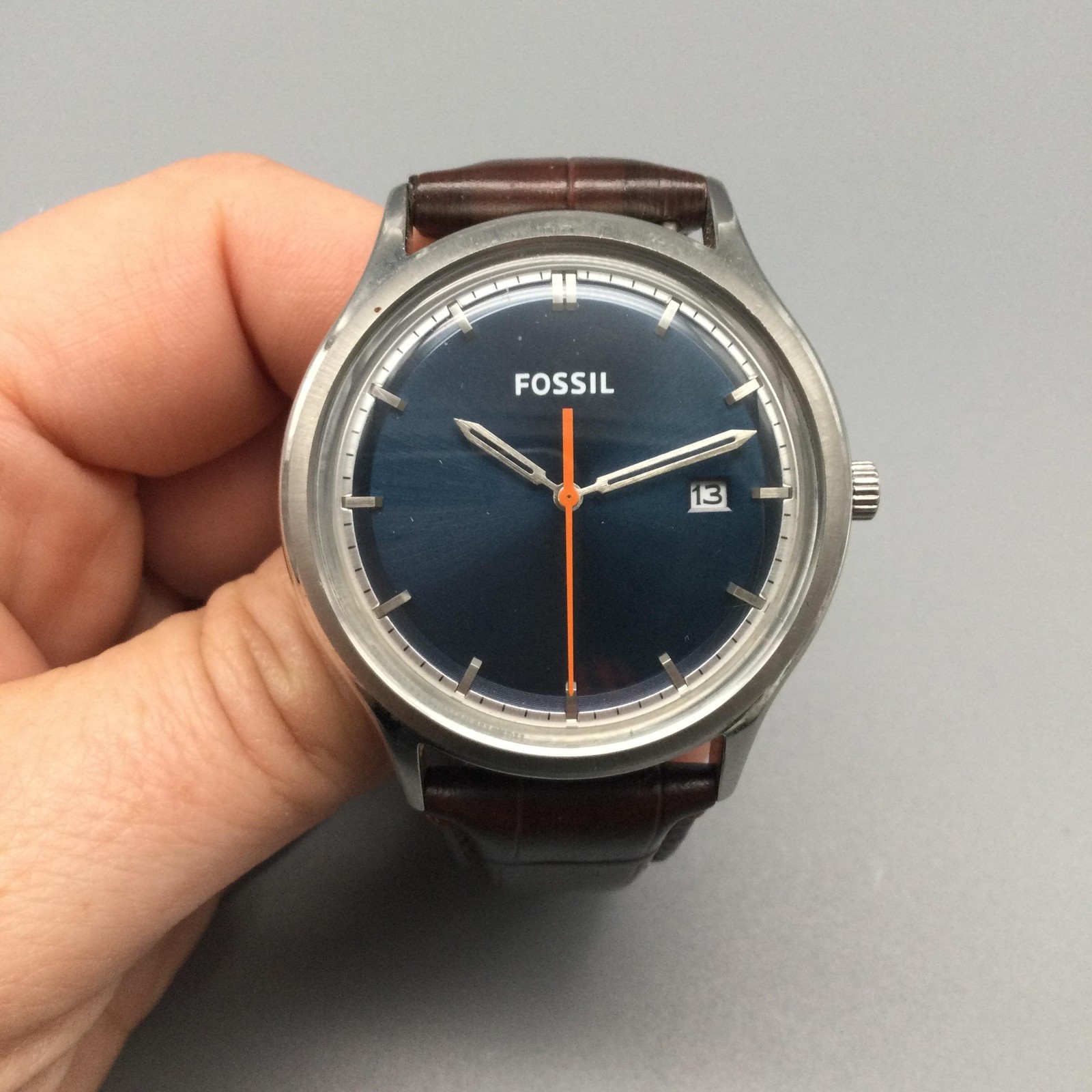 Fossil FS4709 Mens Watch 41mm Blue Dial Brown Leather Date 50M New Battery