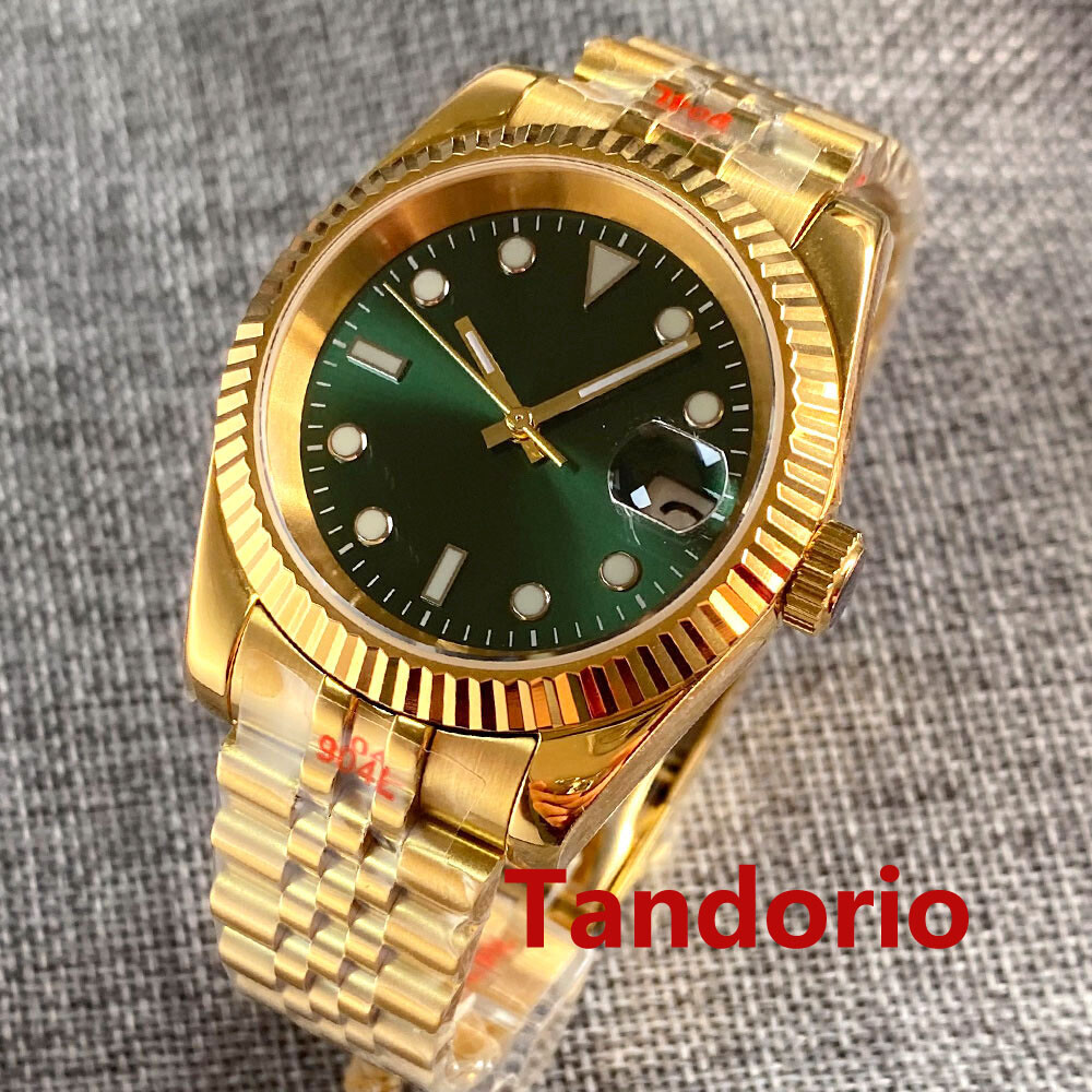 39mm Bliger Green Dial Gold Plated Sapphire Glass NH35A PT5000 Auto Fluted Bezel