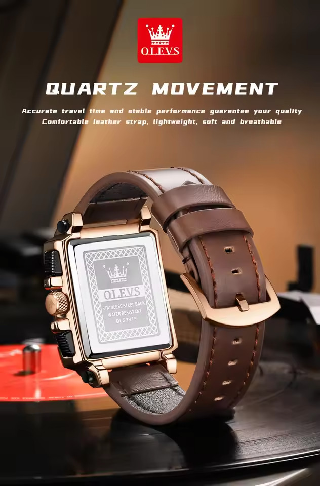 OLEVS 9919 Square Quartz Wristwatch  Waterproof Luminous Sports Men’s Watch
