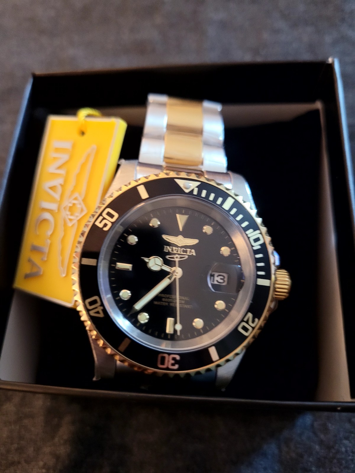 Invicta Pro Diver Men’s Quartz Date Watch Black Dial Two-Tone Bracelet Box