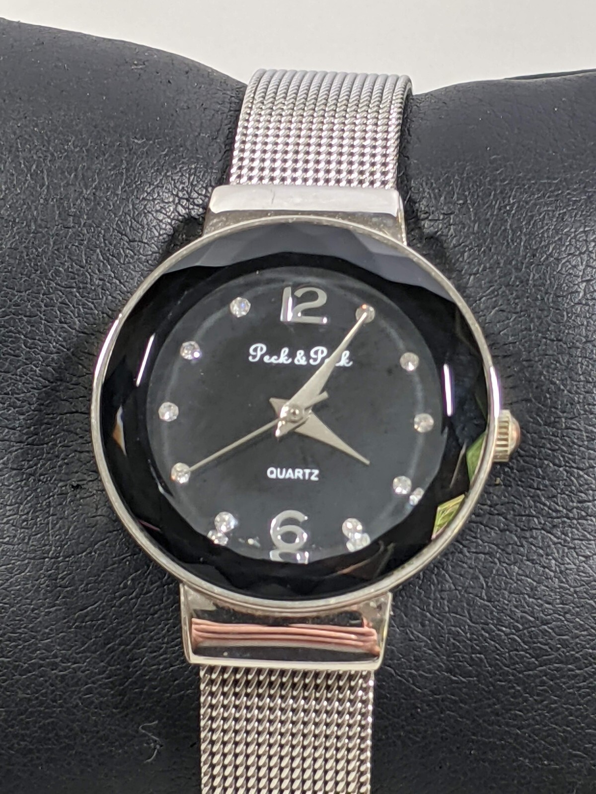 Peck & Peck Black Dial Raised Crystal Silver Tone Mesh Style Band Watch 8.5 In.