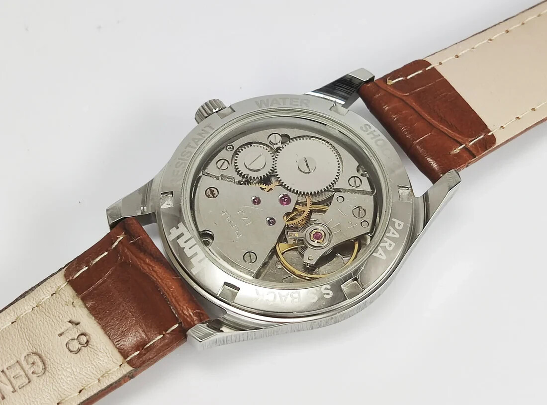 HMT Pilot Pearl Dial 17 Jewels Mechanical Handwinding Skeleton Back Wrist Watch
