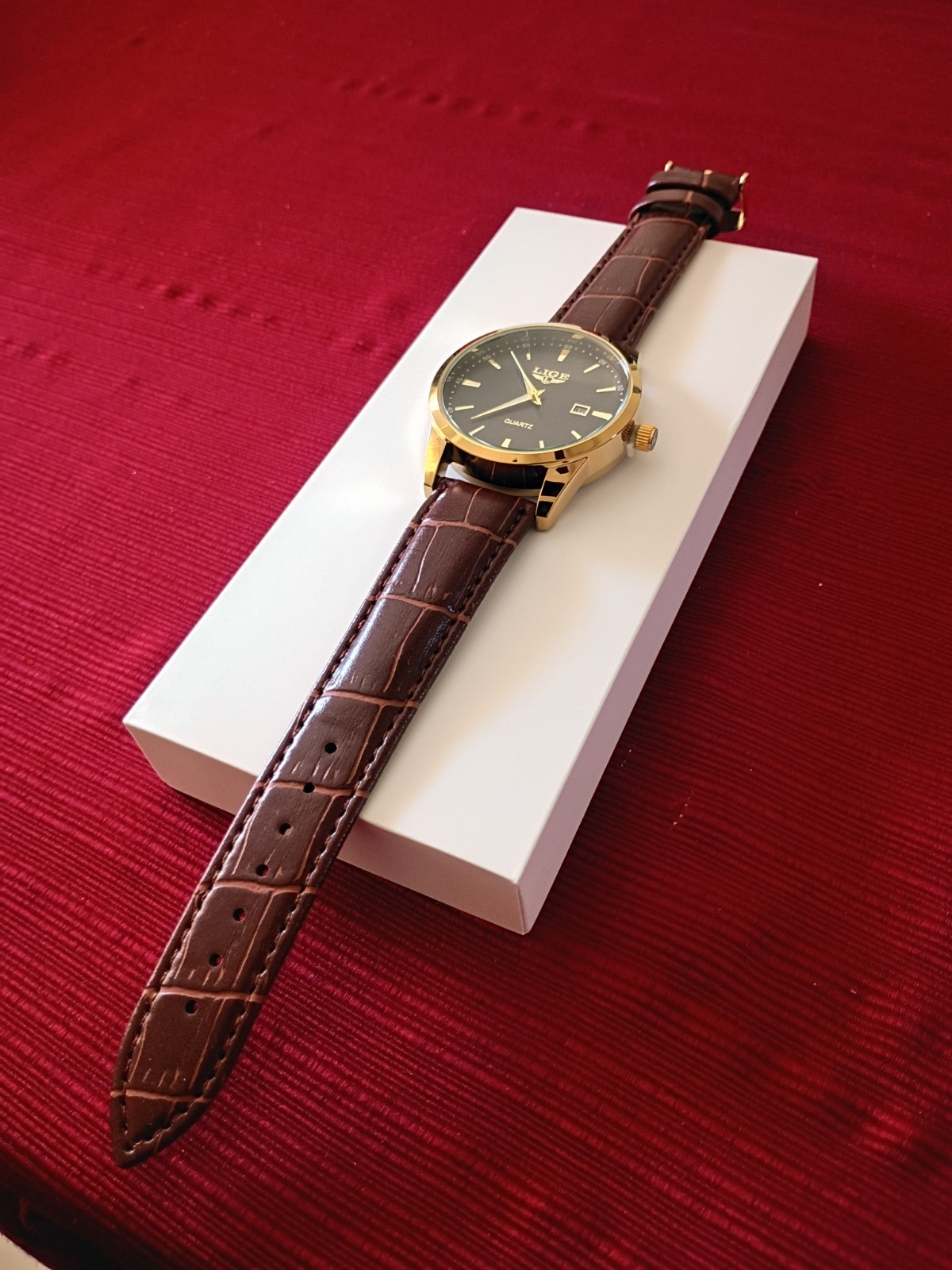 LIGE Men’s Analog Quartz Watch Gold Case Black Dial Date Brown Leather