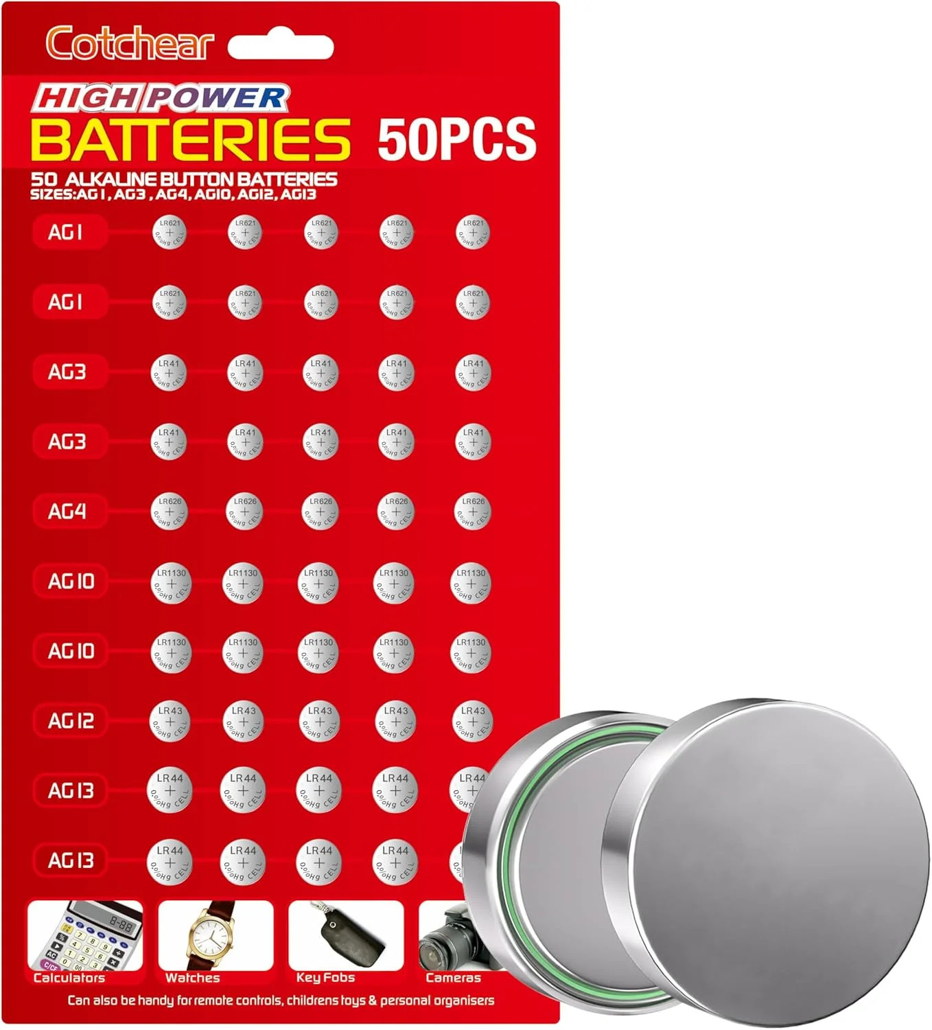 50pcs Alkaline Cell Batteries Assorted 1.5 Volt AG1/LR621 AG3/LR41 AG4/LR626 AG1