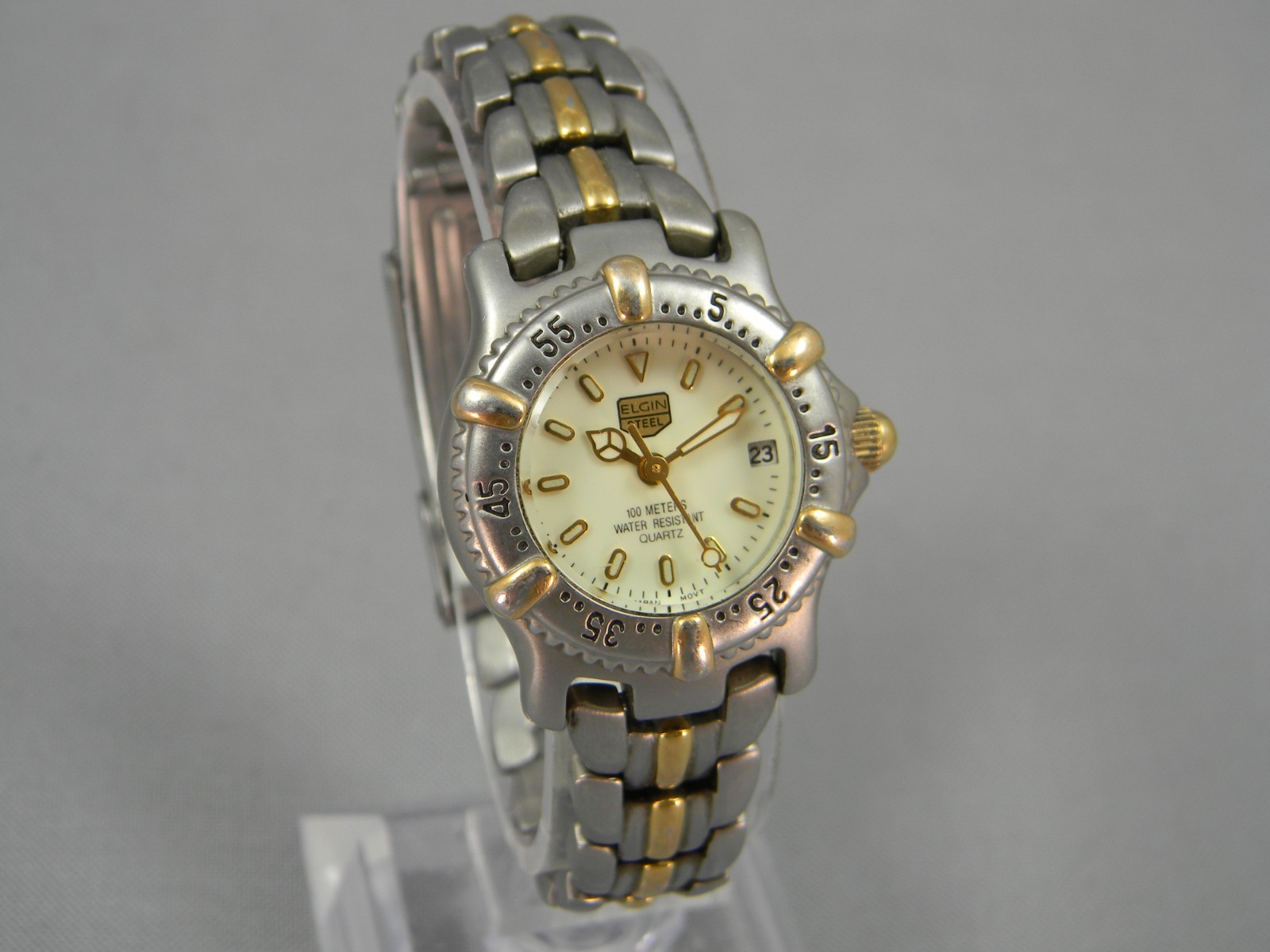 Elgin Steel Watch Women Diver Style 25mm Clasp Band 5.5″-5.75″ New Battery