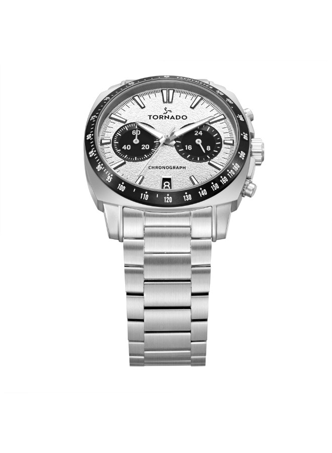 Tornado Men’s Chronograph Watch | White Dial, Silver Band, 42mm, 100 m (10 ATM)