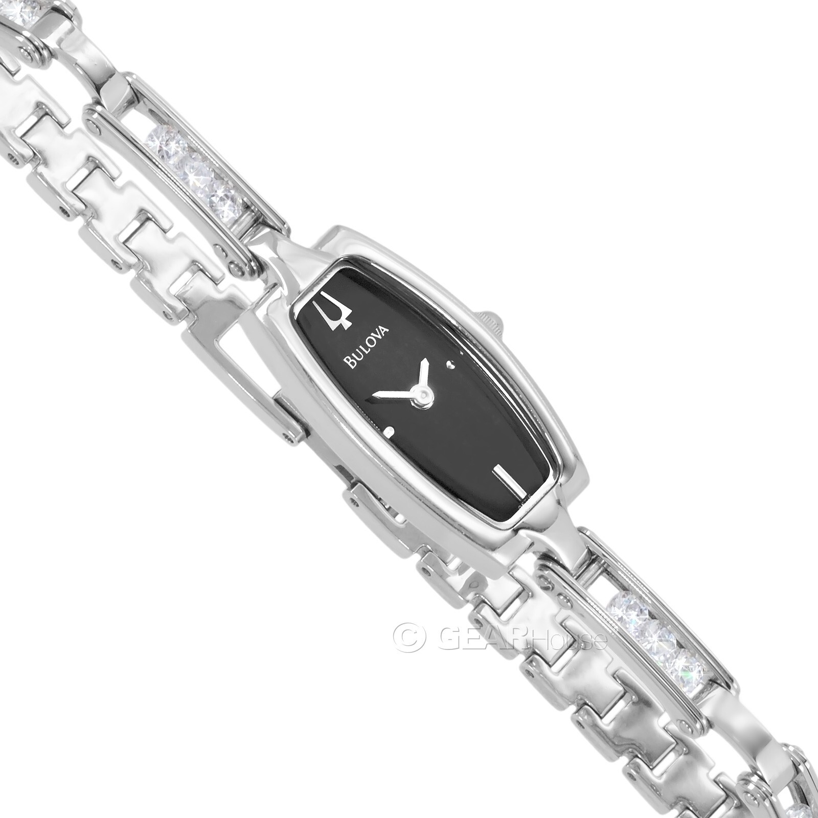 BULOVA Womens Floating Crystals Dress Watch, Black Dial, Silver Stainless Steel