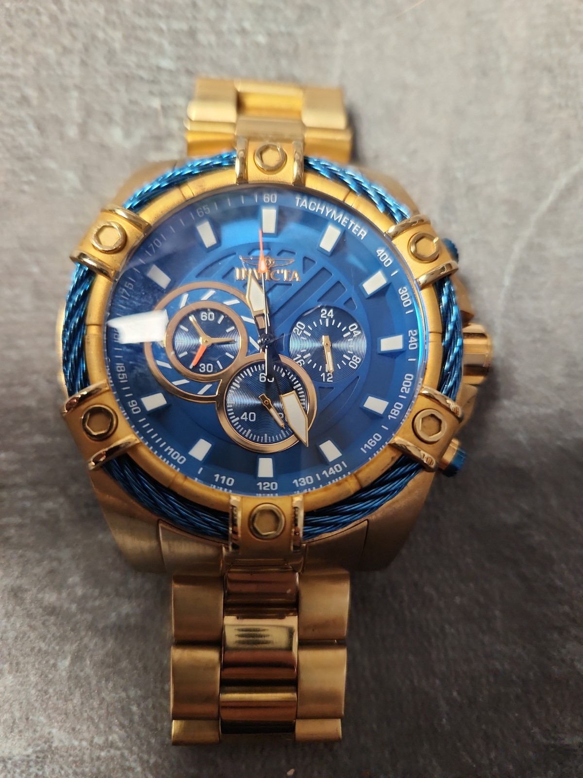 Invicta Bolt Men’s Quartz Chronograph Blue Textured Dial Gold SS Bracelet