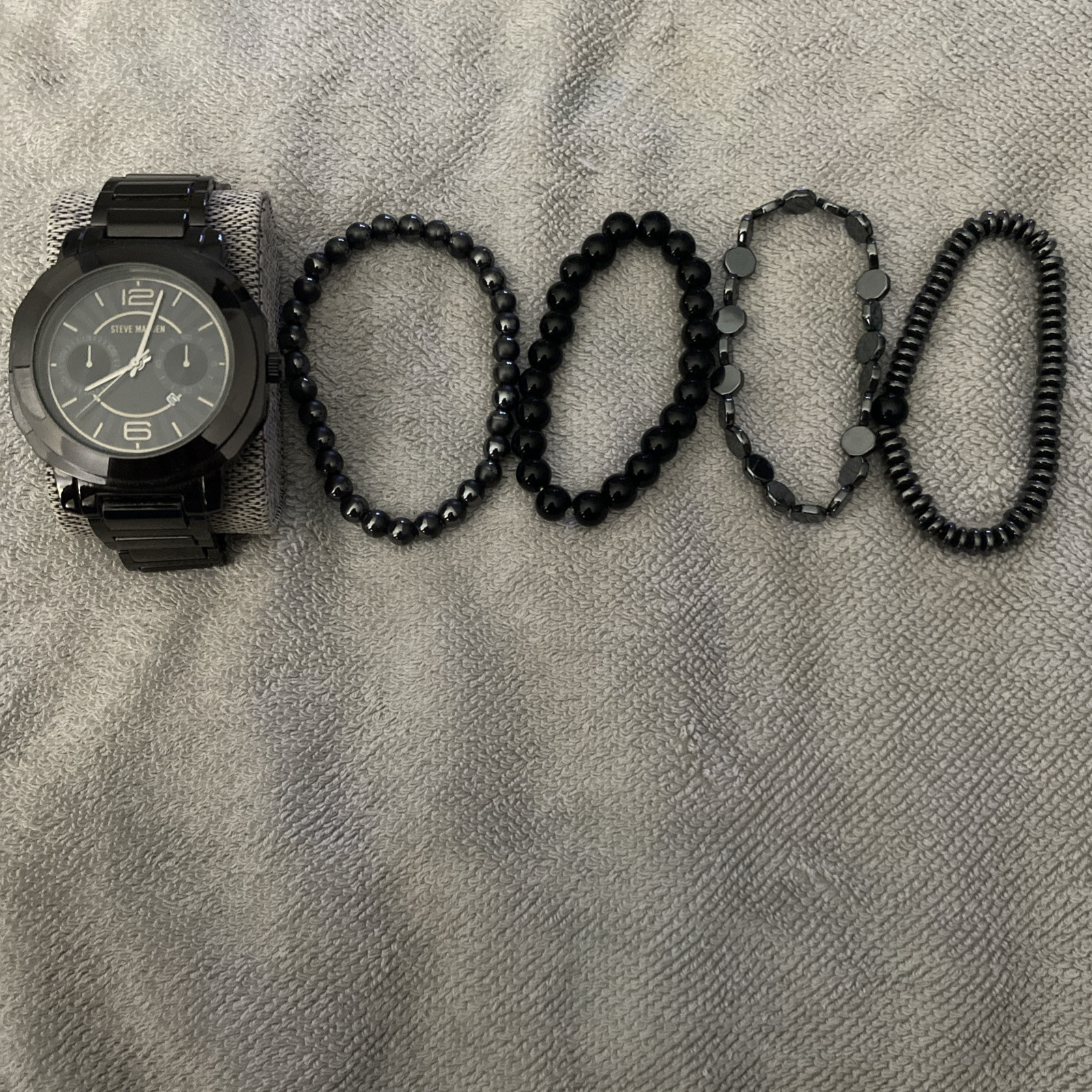 Steve Madden Men’s Black Jet Tone Watch & Multi Bracelet