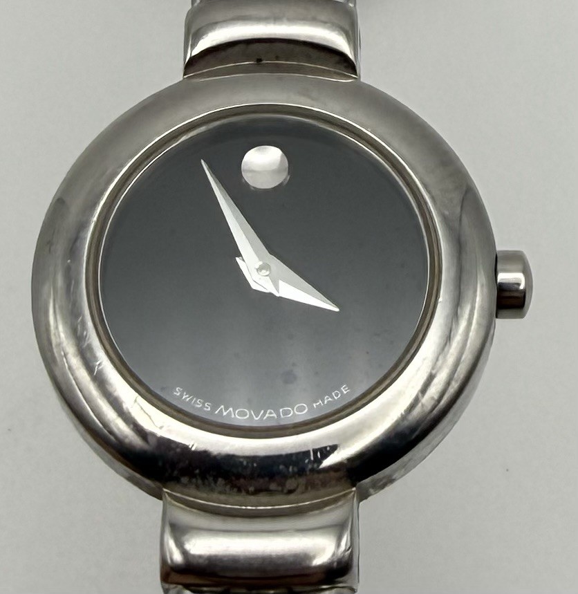 Womens Movado Museum Swiss Made Analog Black Dial Silver SS Bangle Watch