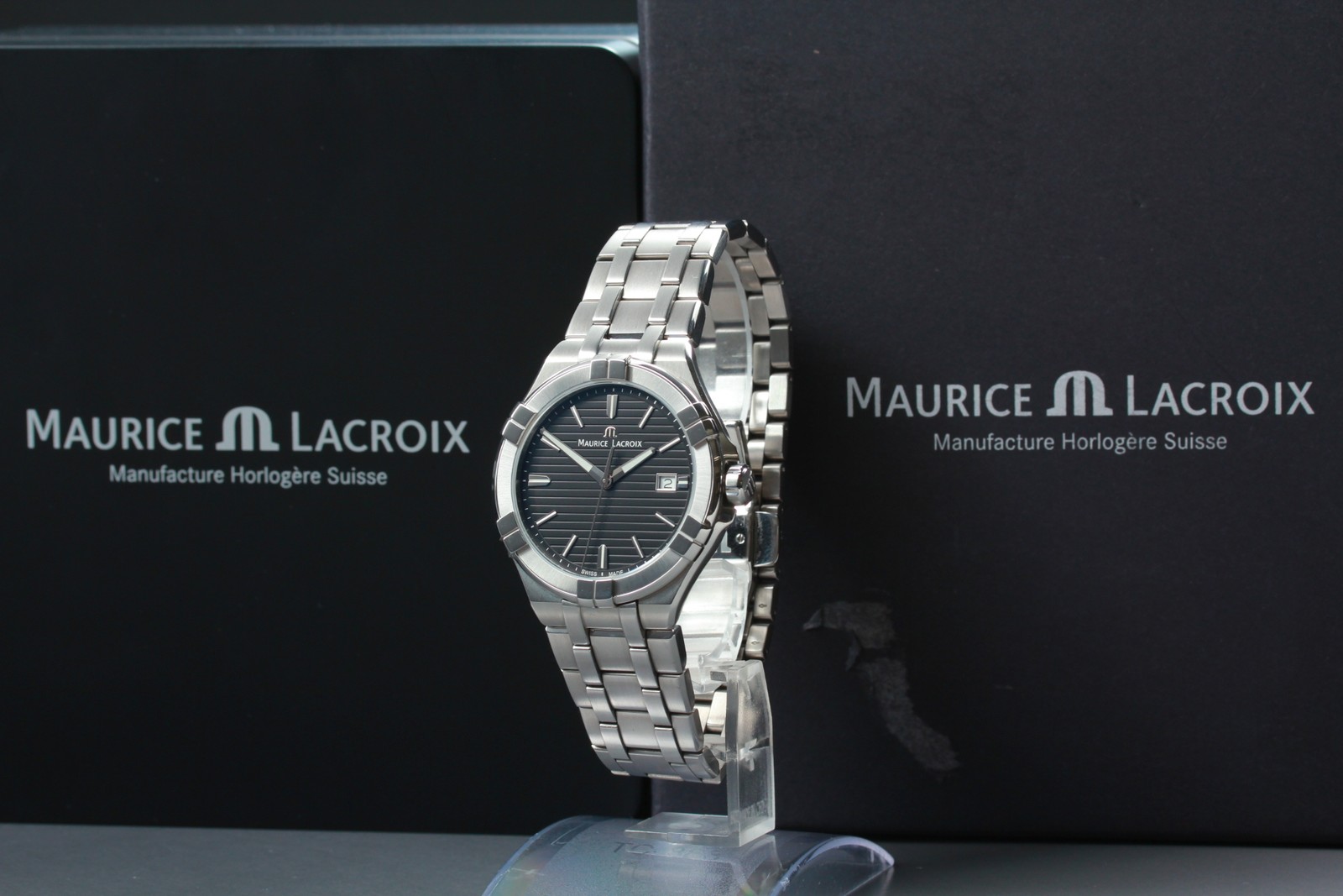 Maurice Lacroix Aikon AI1008 Black SS Date Quartz Swiss Made Watch [Box Damaged]