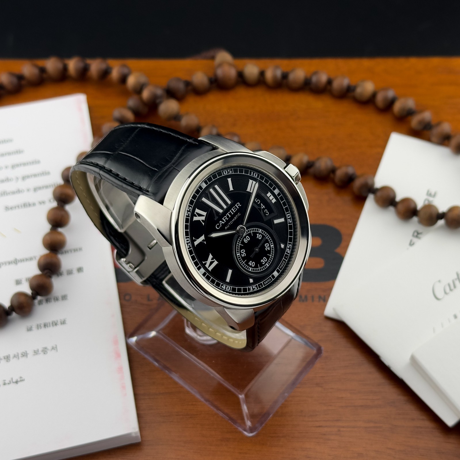 Calibre de Cartier 42mm Steel Black Dial Automatic Watch 2017 W7100041 Full Set
