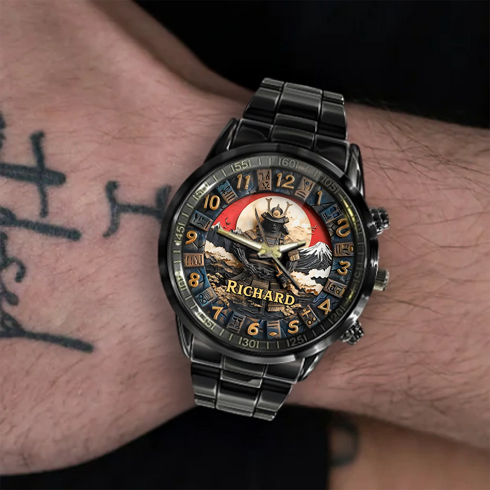Personalized Japanese Samurai Design Watch – Custom Name Engraved Timepiece
