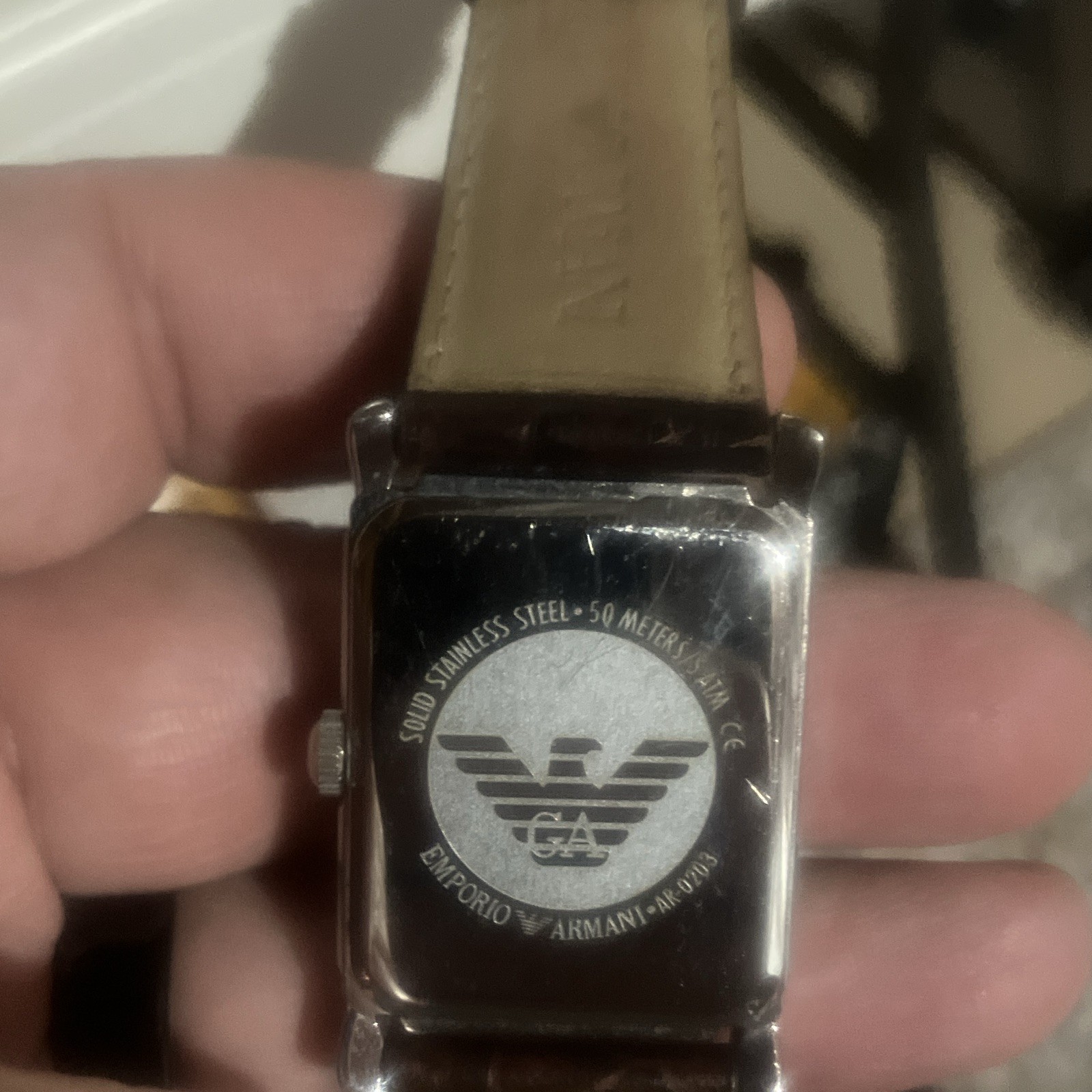 Emporio Armani Rectangular Quartz Analog Beige Dial Brown Leather Strap