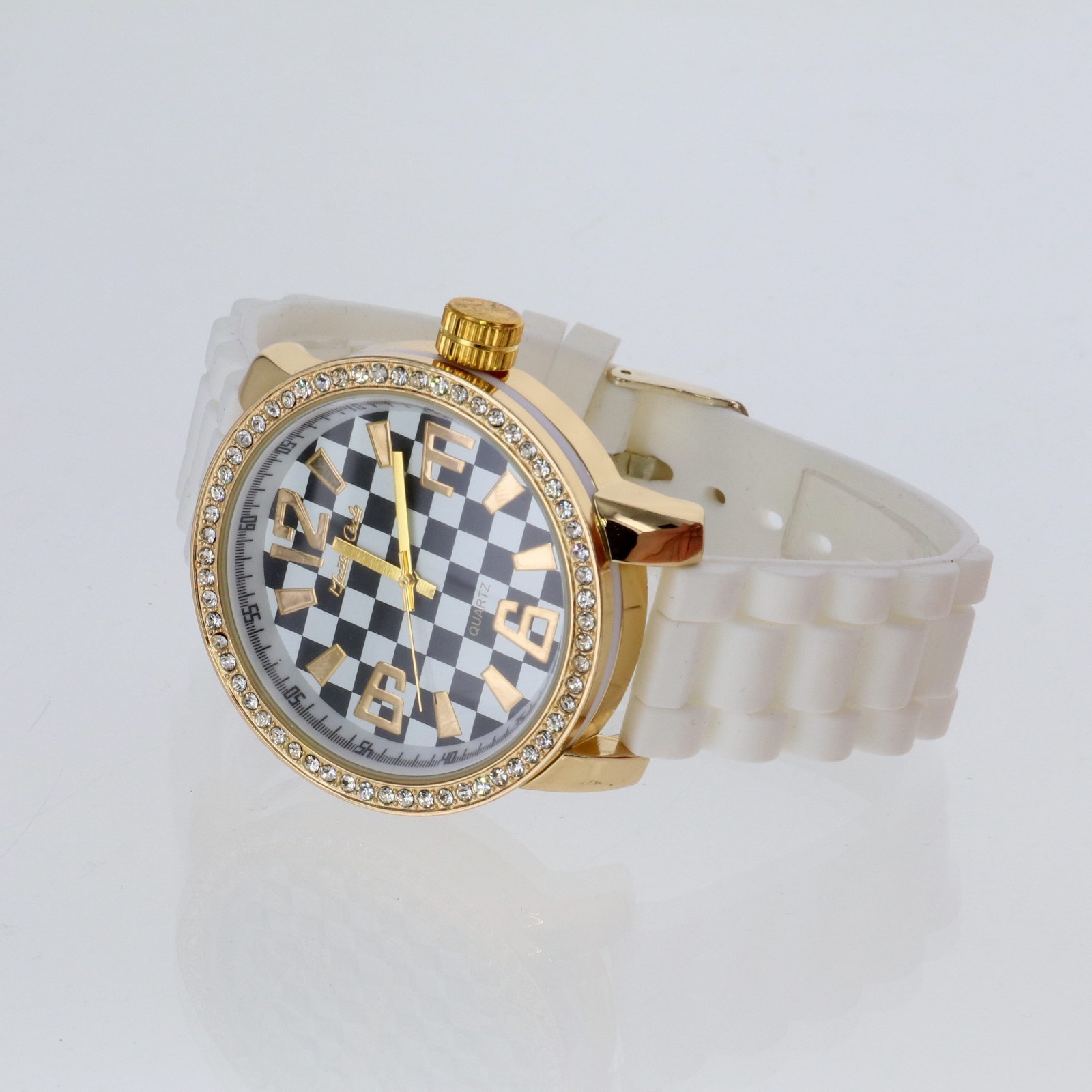 Montres Carlo Two Tone Chess Print Rhinestone on Bezel Watch Faux Leather Band