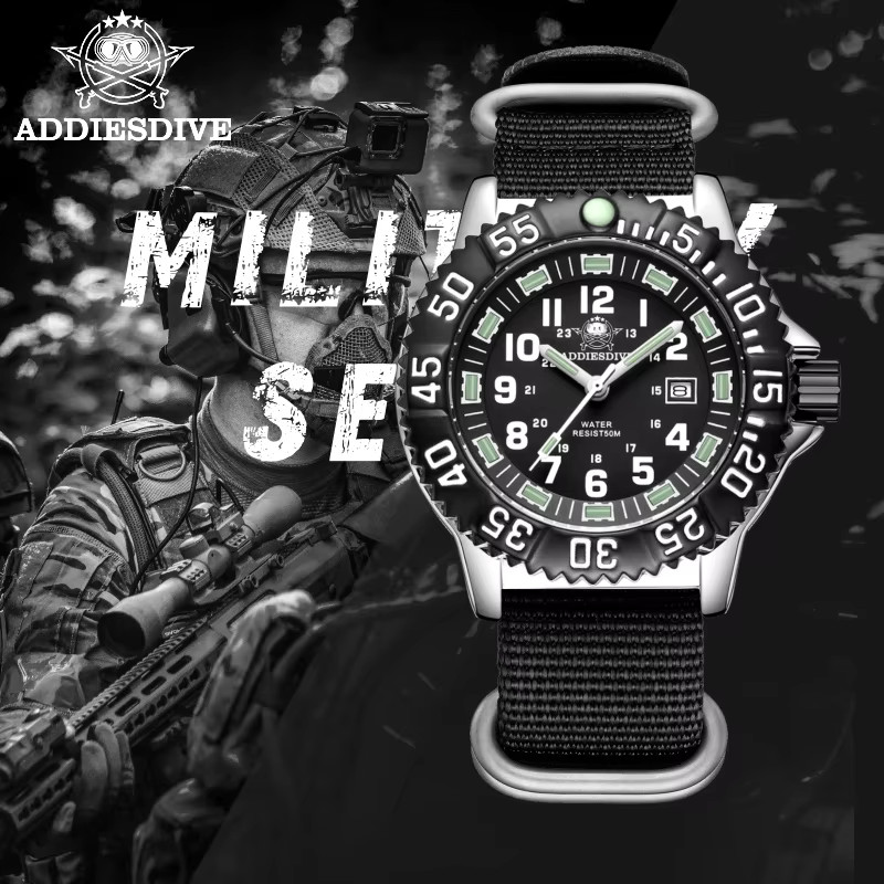 44MM ADDIESDIVE Military Quartz Dive Watch Men Silicone Waterproof Luminous NEW