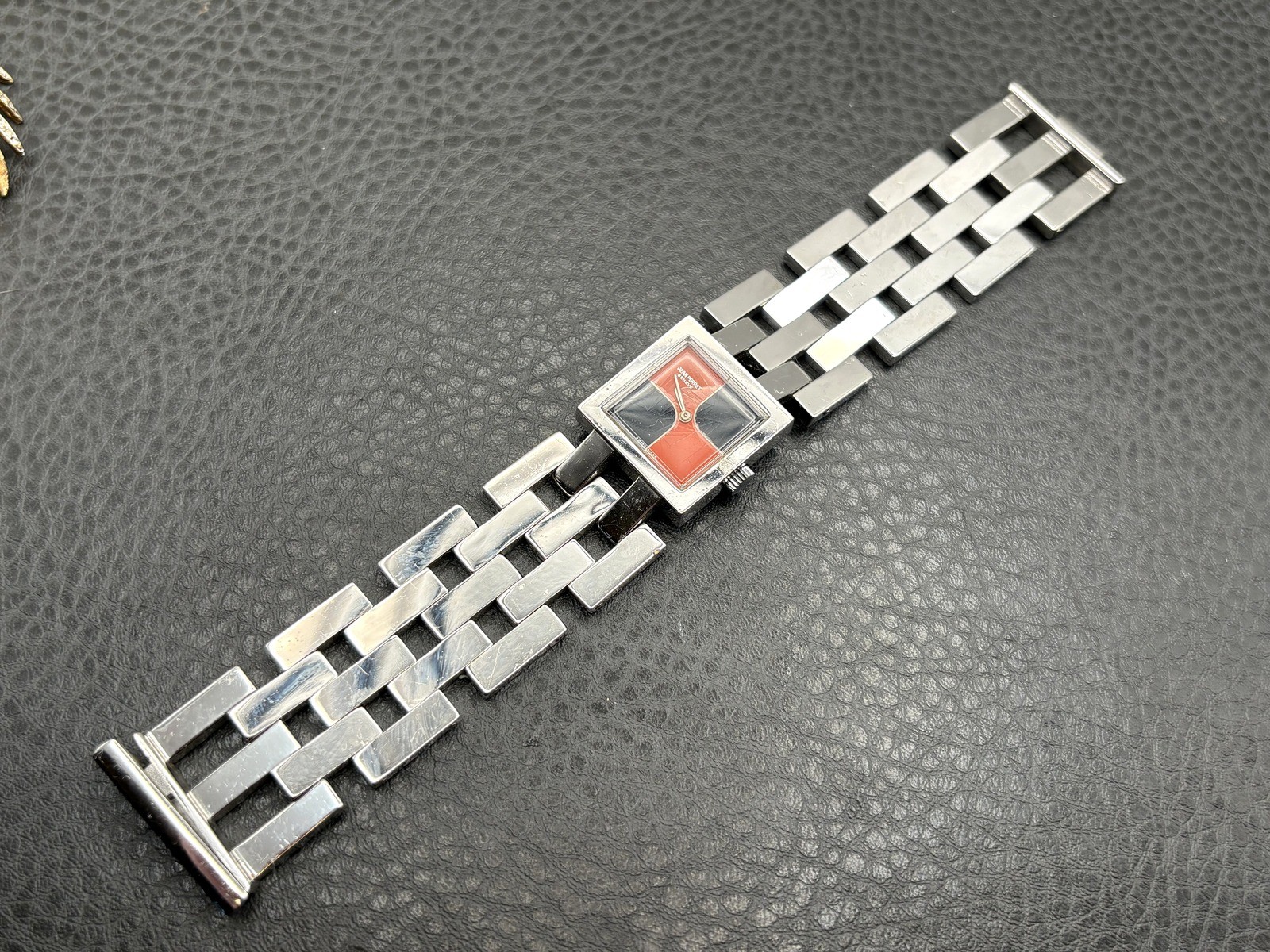 Jean Pierret Geneve Stainless Steel Square Watch Red Black Dial READ