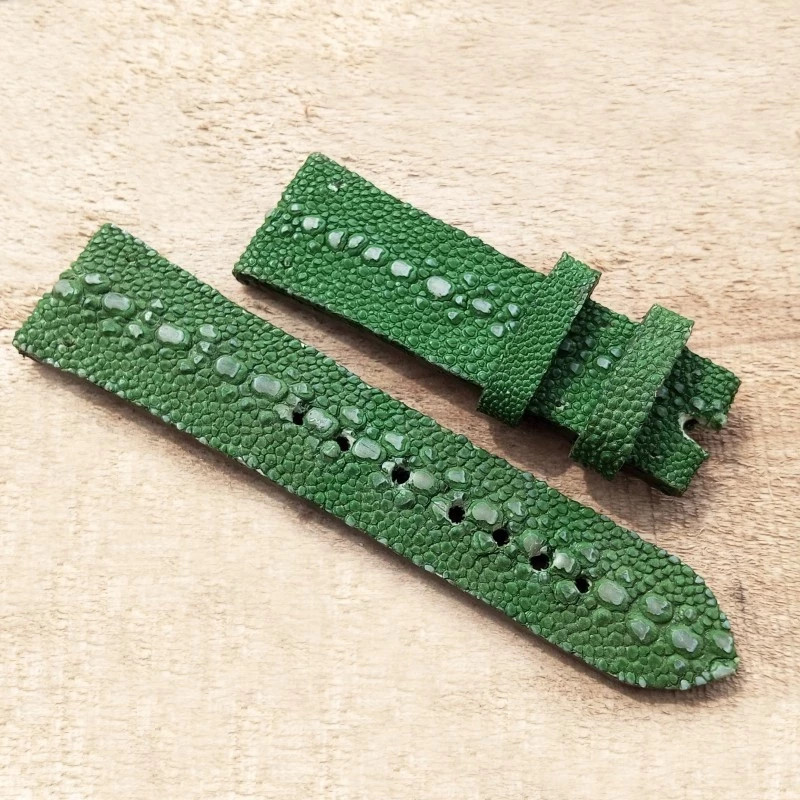 Custom Ray-Style Fish Leather Watch Strap Green Handmade Genuine Textured Band