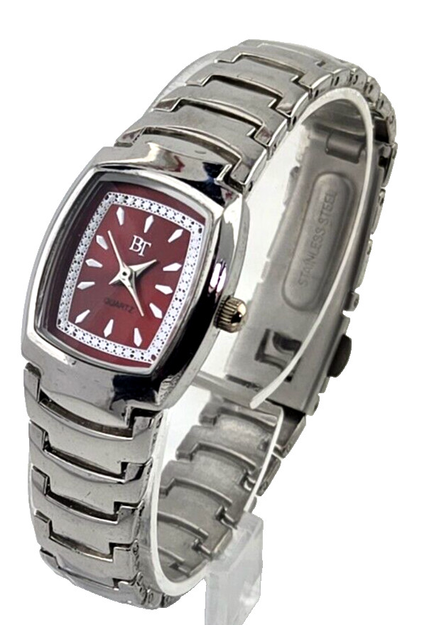 BT High Gloss Silver Tone Ladies Watch with Red Dial Elegant w NEW BATT