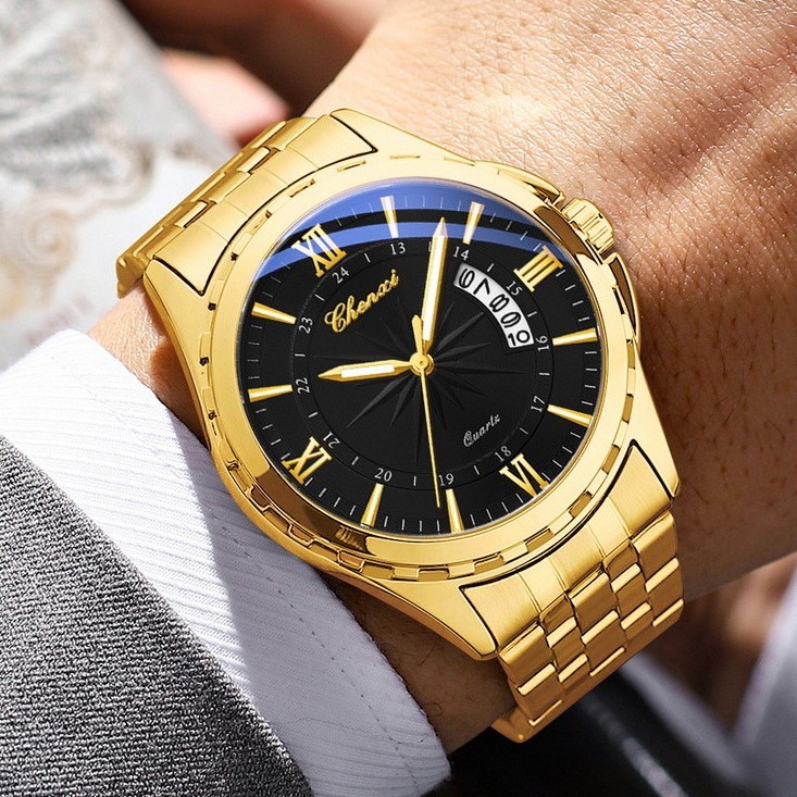 CHENXI Men’s Gold Business Day/Date Calendar Luminous Waterproof Quartz Watch