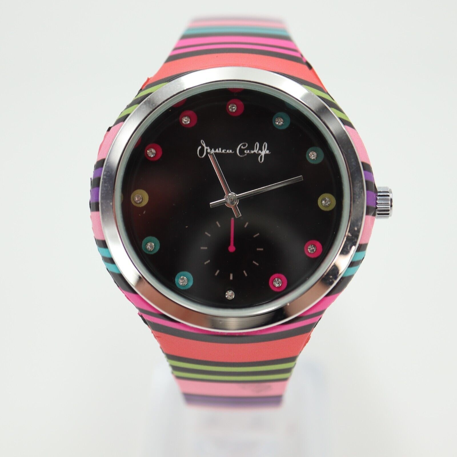 Jessica Carlyle Multicolor Watch 38mm Black Jeweled Dial Silicone Strap Working