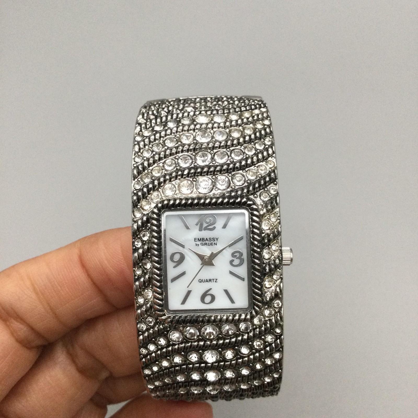 Embassy Gruen Womens Watch 28mm White MOP Dial Crystal Bangle New Battery 7.25″